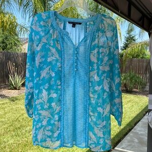 Zac & Rachel top, sheer boho, floral turquoise blue, size S